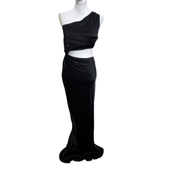 Meshki Clementine One Shoulder Maxi Dress Women’s Size Large Black Satin Cutout - Picture 2 of 9